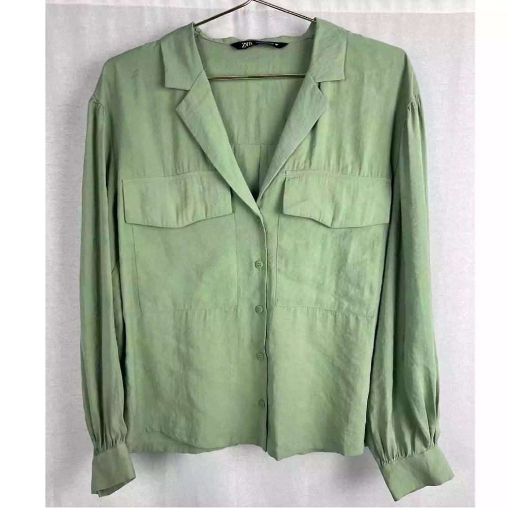 Zara Women's Size Small V-Neck Green Oversized Balloon Sleeve Groovy Blouse Top